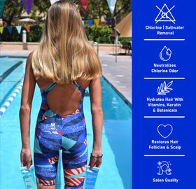TRISWIM shampoo pouring to show smooth texture and moisturizing formula