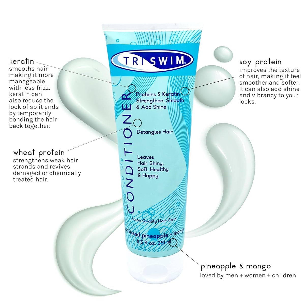 TRISWIM pump close-up and creamy conditioner texture delivering smoothness