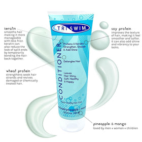TRISWIM pump close-up and creamy conditioner texture delivering smoothness