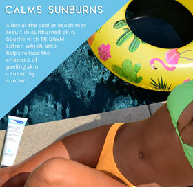 TRISWIM bottle next to towel showing 8.5oz scale and convenient poolside size
