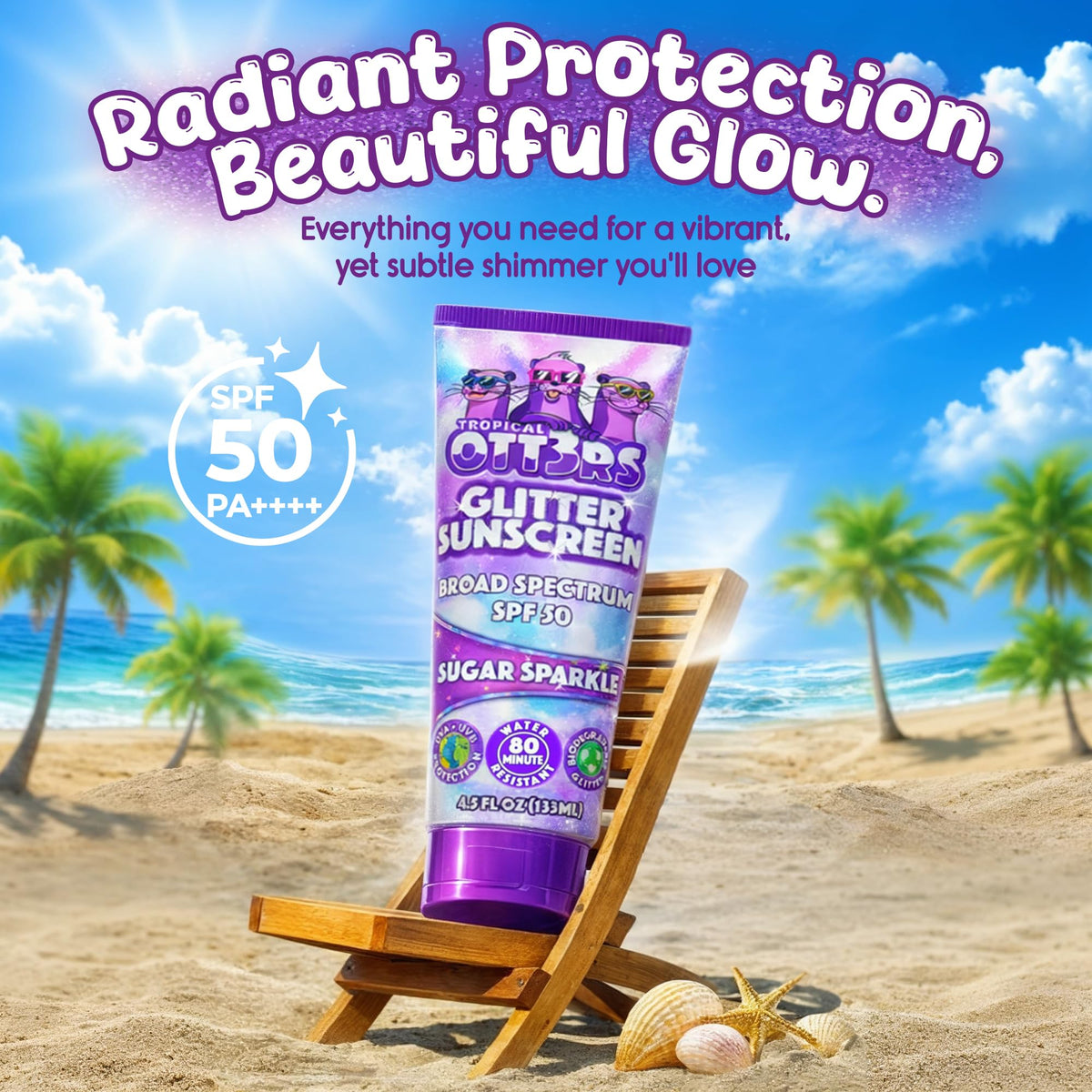 TROPICAL OTT3RS close-up shimmer on skin adding a playful reflective finish
