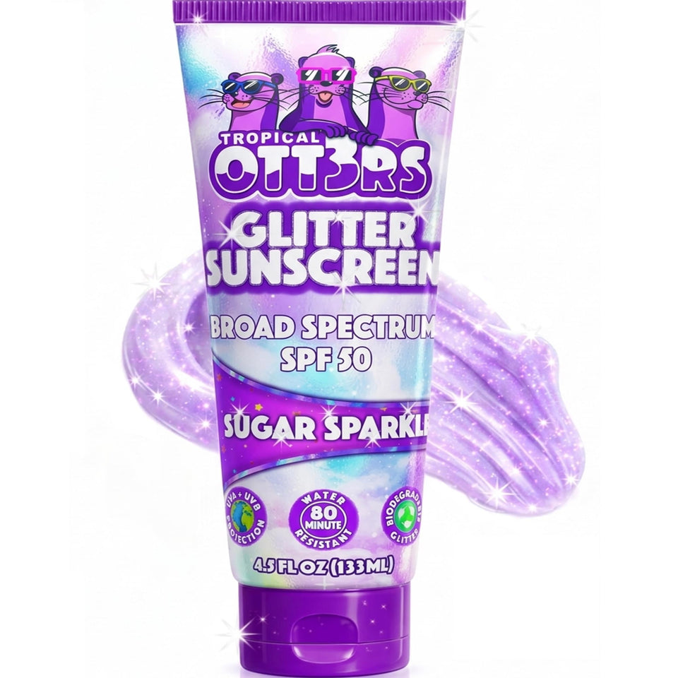 TROPICAL OTT3RS front packaging showing glitter sunscreen and SPF protection