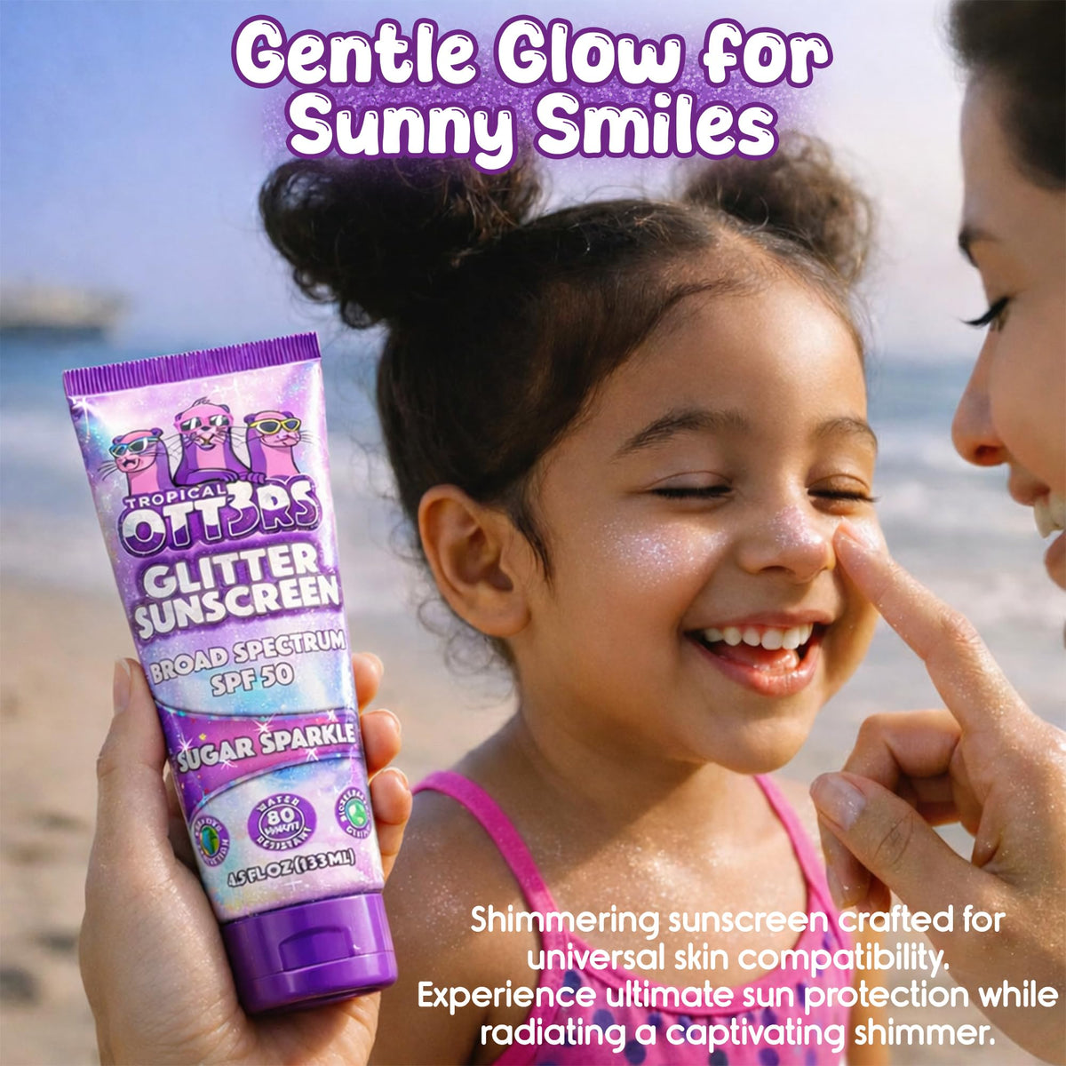 TROPICAL OTT3RS pump dispensing purple lotion highlighting smooth texture benefit