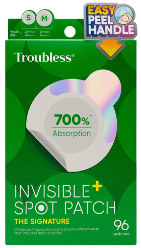 Troubless front packaging showing 96 ultra-thin acne patches and clear benefits