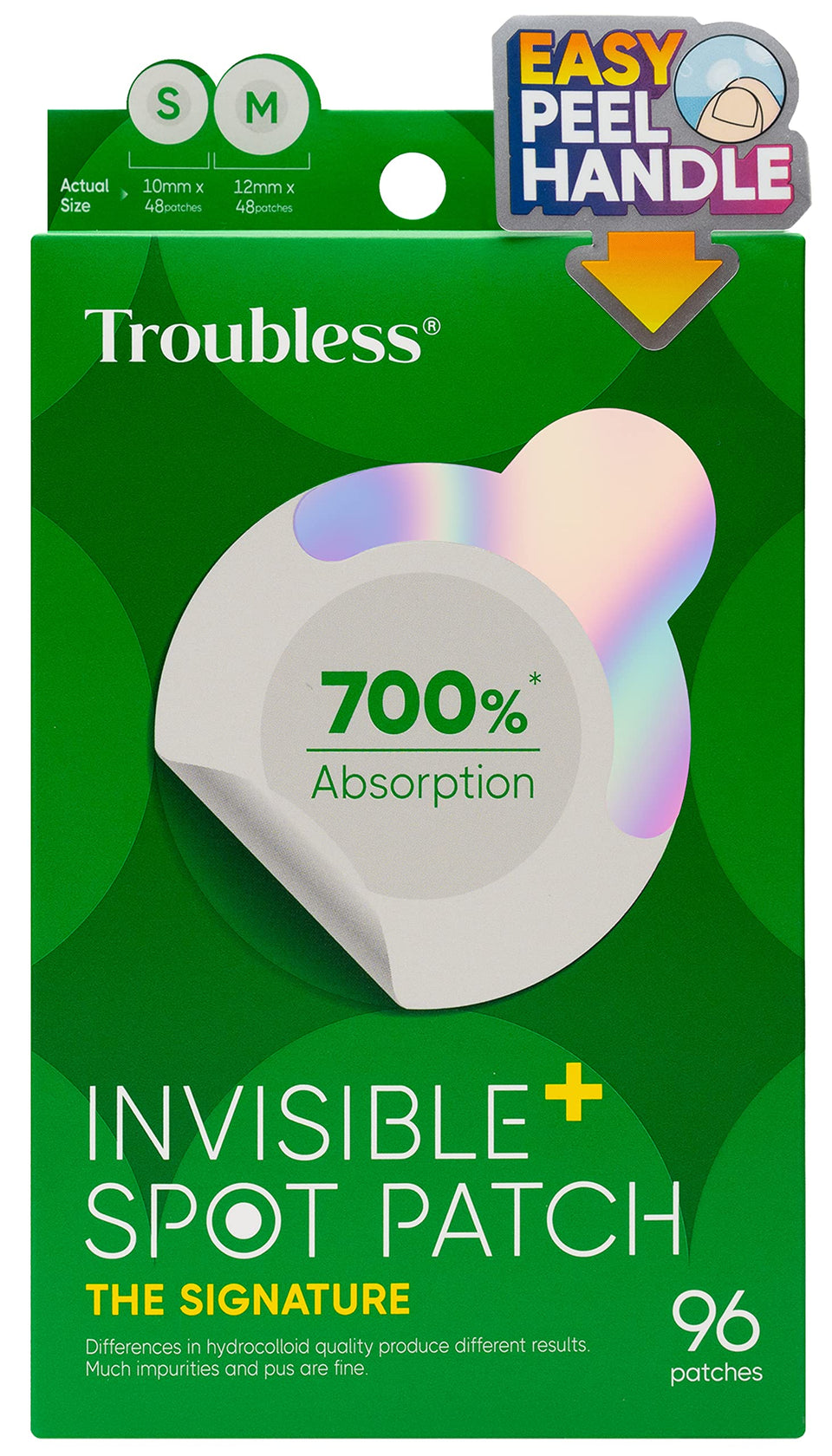 Troubless front packaging showing 96 ultra-thin acne patches and clear benefits