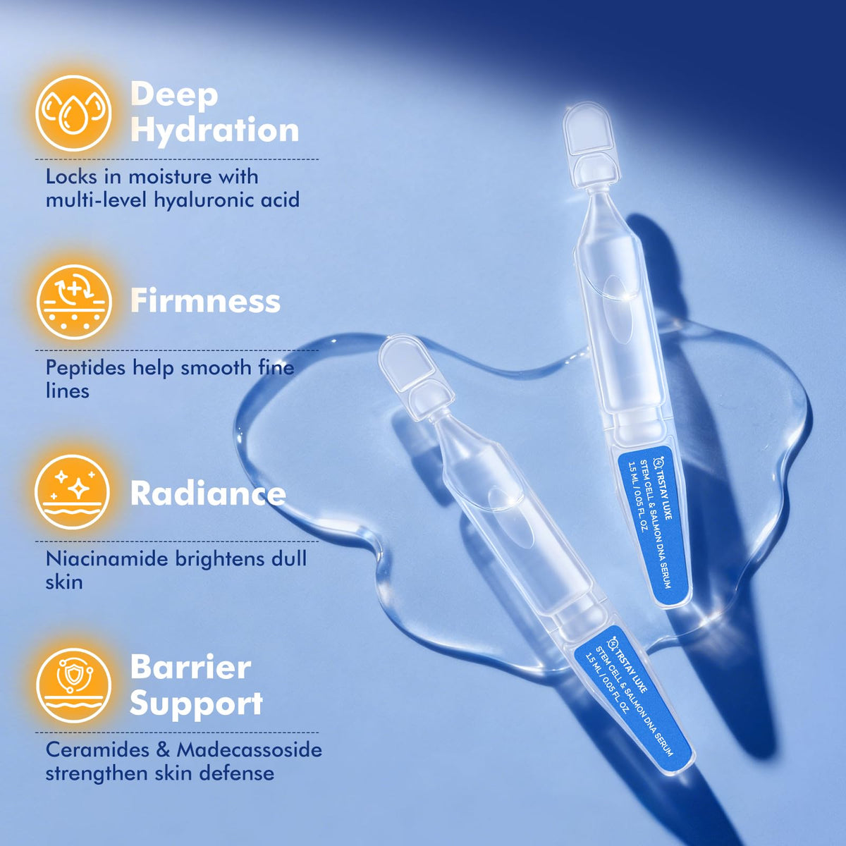TRSTAY LUXE serum texture on hand illustrating lightweight hyaluronic hydration