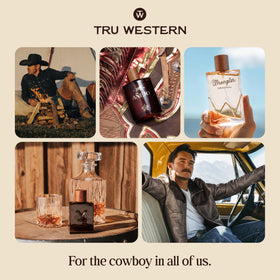 Tru Western bottle styled on duster jacket demonstrating western lifestyle pairing benefit
