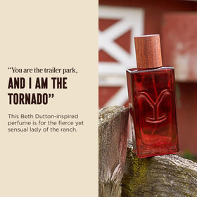 Tru Fragrance Beauty glass bottle casting a shadow to show Yellowstone Tornado’s premium finish