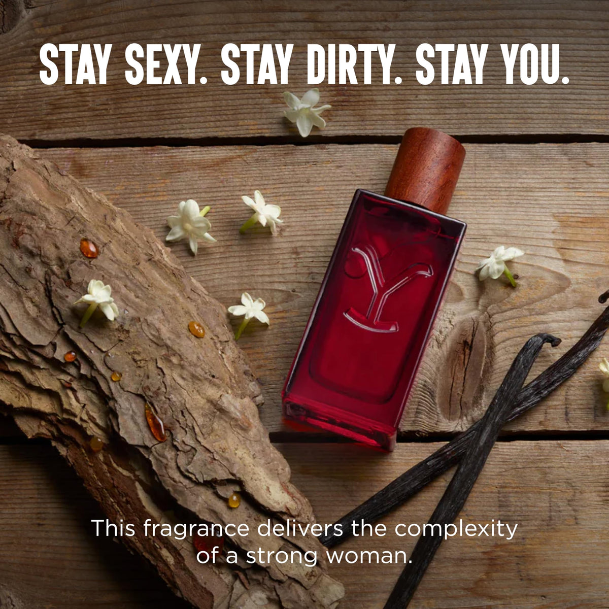 Tru Fragrance Beauty flatlay of raw notes representing Yellowstone Tornado’s floral and amberwood blend