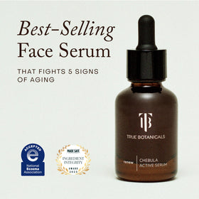True Botanicals pump dispensing a drop of serum for controlled daily application