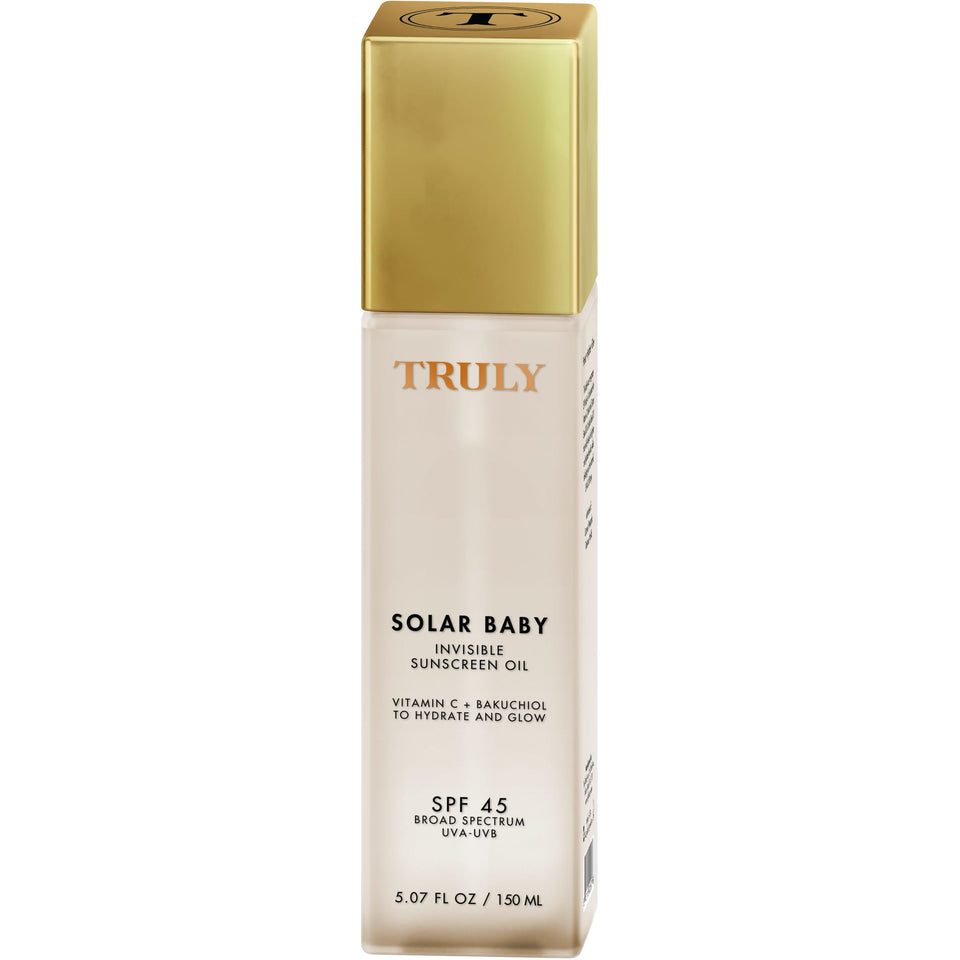 Truly front packaging showing sunscreen oil and benefits