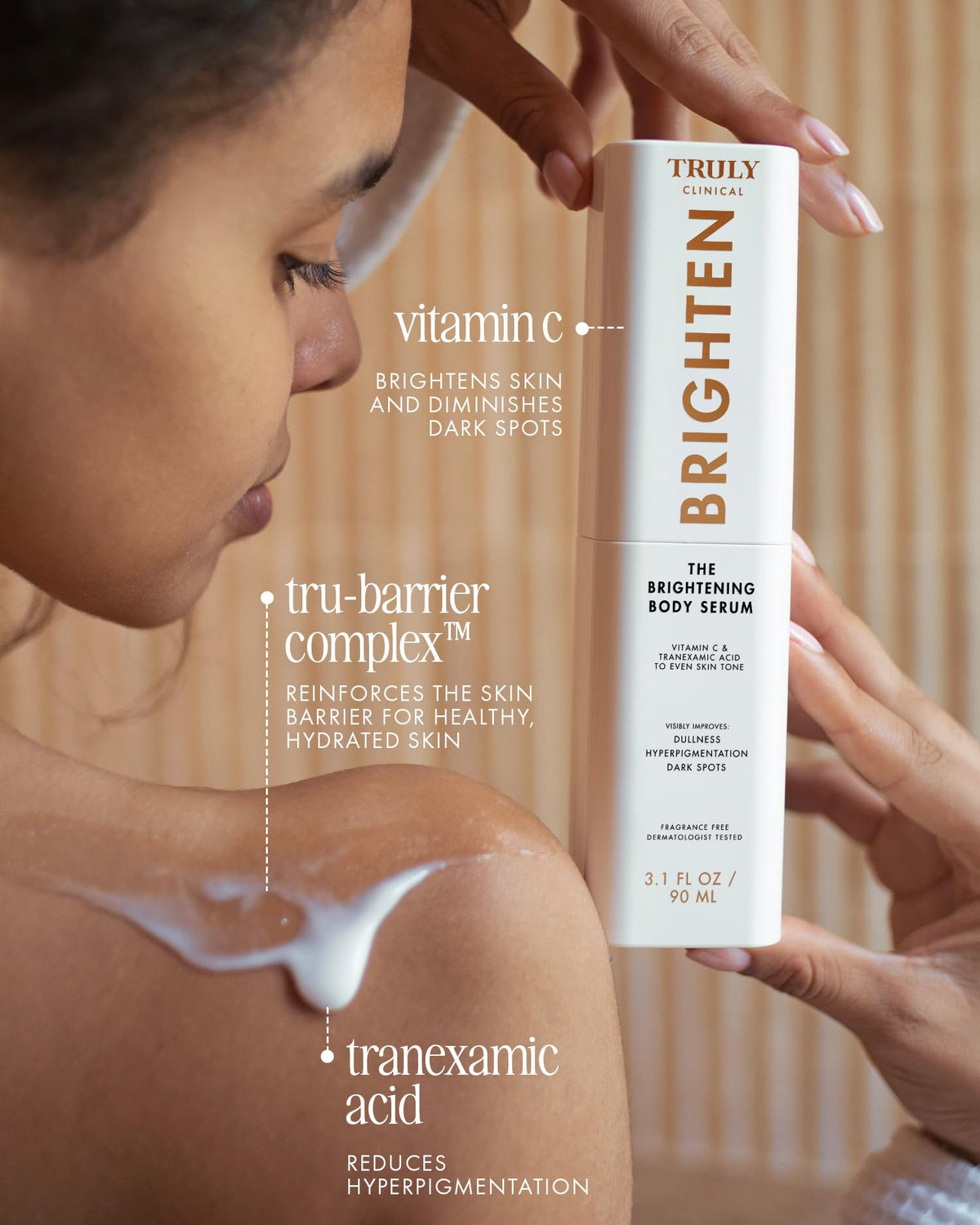 Truly ingredient label highlighting vitamin C and tranexamic acid for brightening