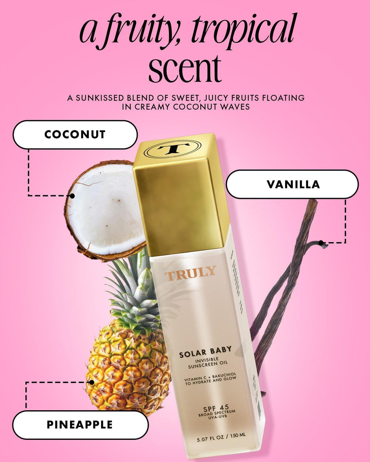 Truly ingredients label closeup showing vitamin C and bakuchiol benefit
