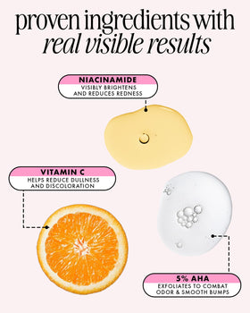 Truly label ingredient close-up, emphasizes AHA, vitamin C, niacinamide benefits