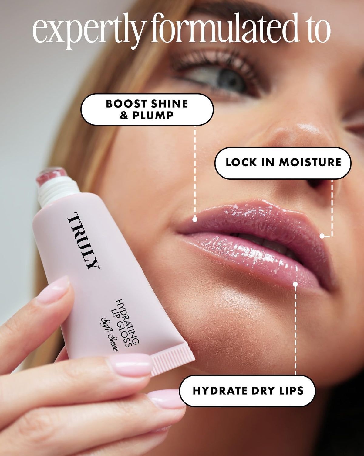 Truly texture swipe on white surface showing glossy, hydrating finish