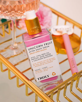 Truly bottle staged on bathroom shelf showing daily grooming convenience