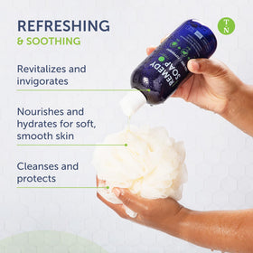 Truremedy Naturals bottle on bathroom shelf highlighting fresh shower experience