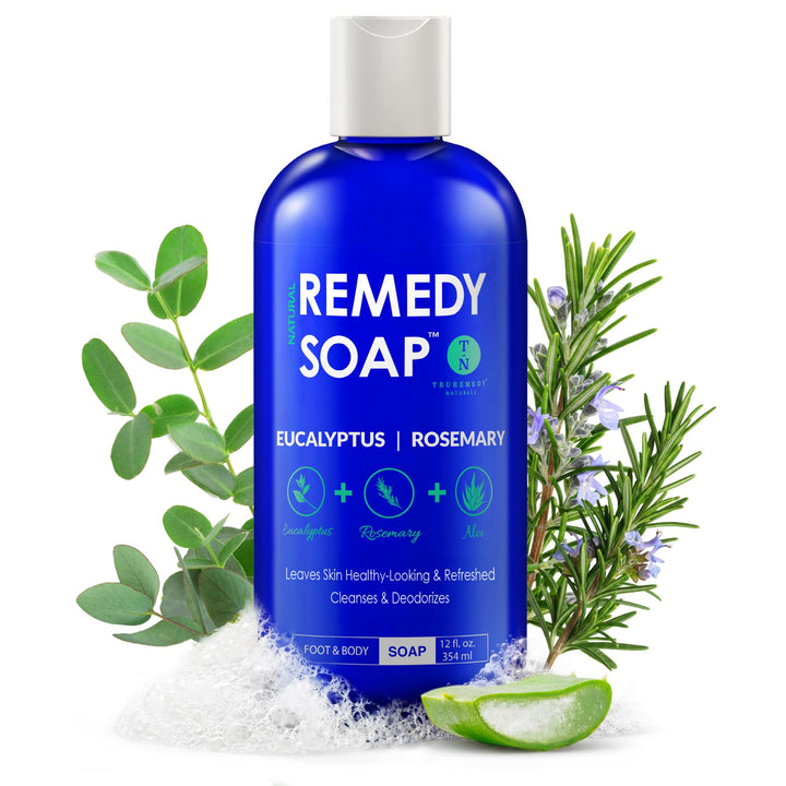 Truremedy Naturals front packaging showing botanical bottle and clear label, refreshing benefit