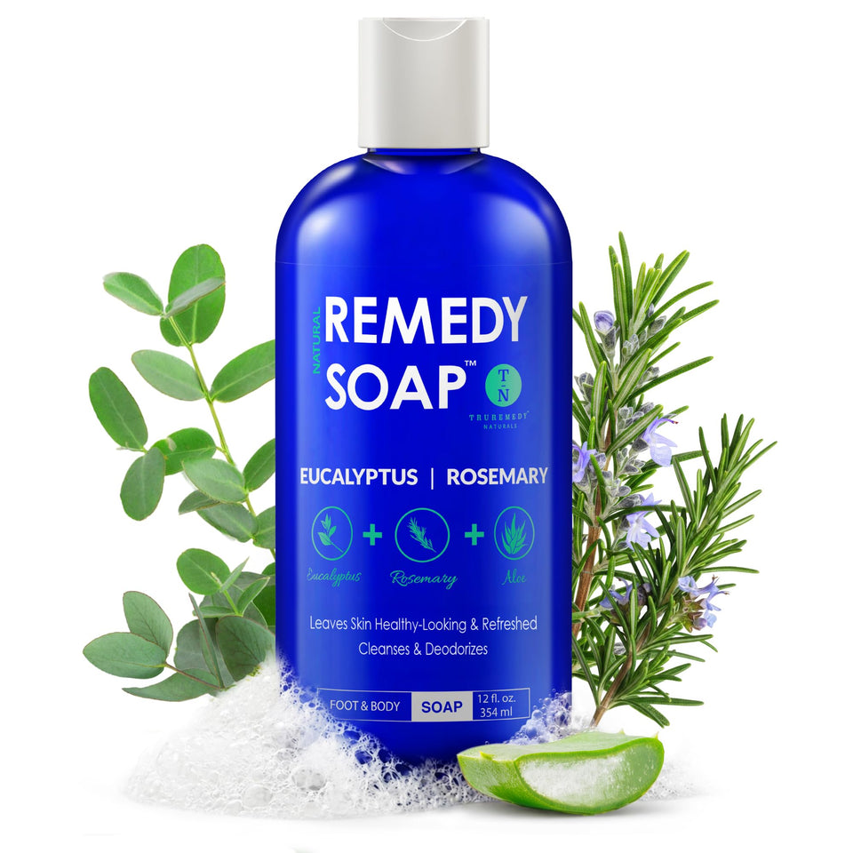 Truremedy Naturals front packaging showing botanical bottle and clear label, refreshing benefit