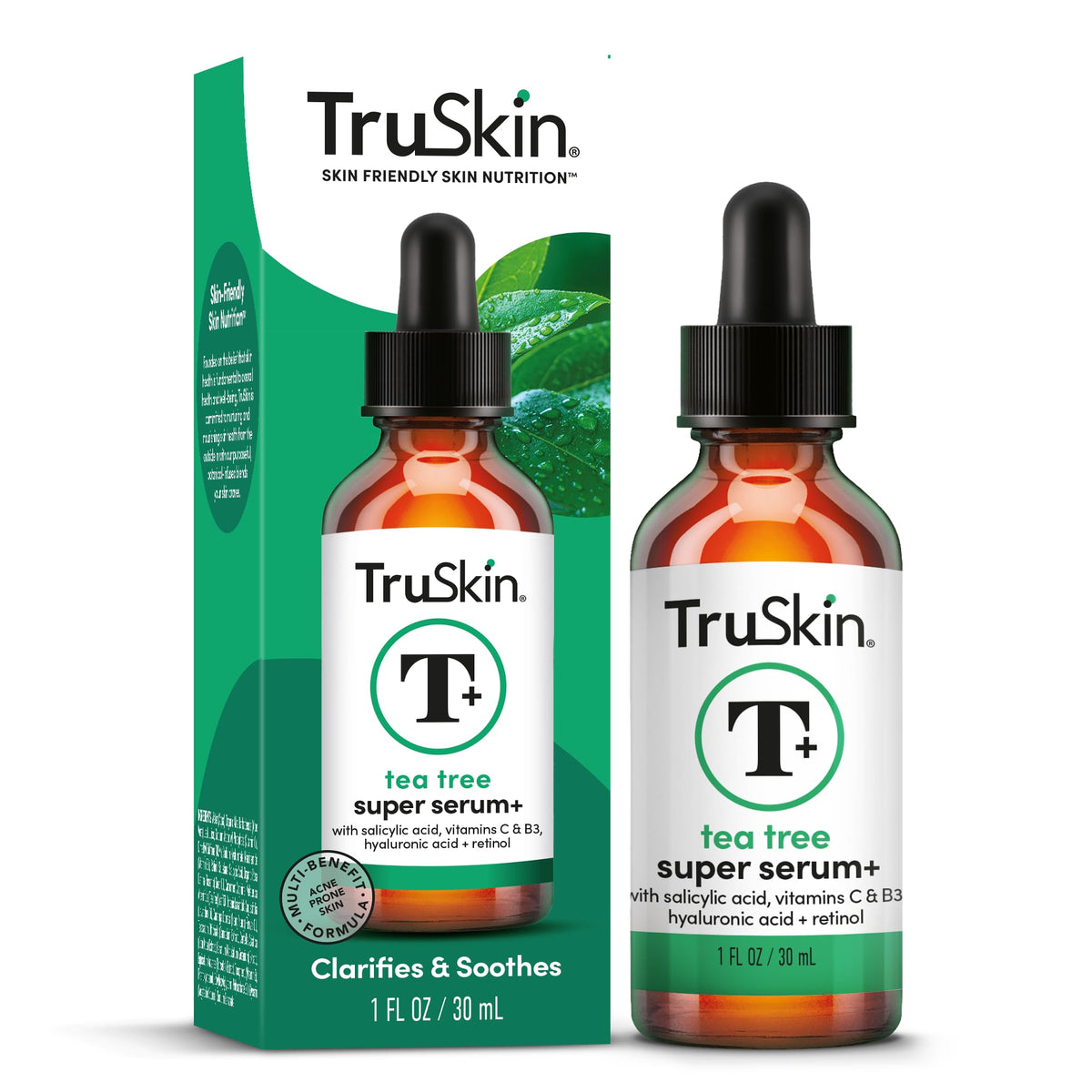 TruSkin bottle with scattered ingredients emphasizing formulation