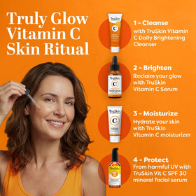 TruSkin Naturals bottle on bathroom counter in morning routine, promoting daily use