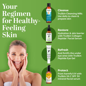 TruSkin serum on bathroom counter illustrating easy layering in daily routine