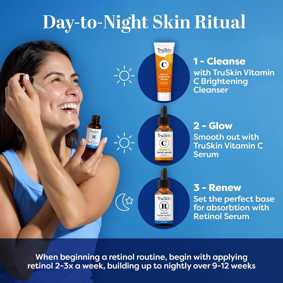TruSkin serum staged in bathroom routine to illustrate nightly use