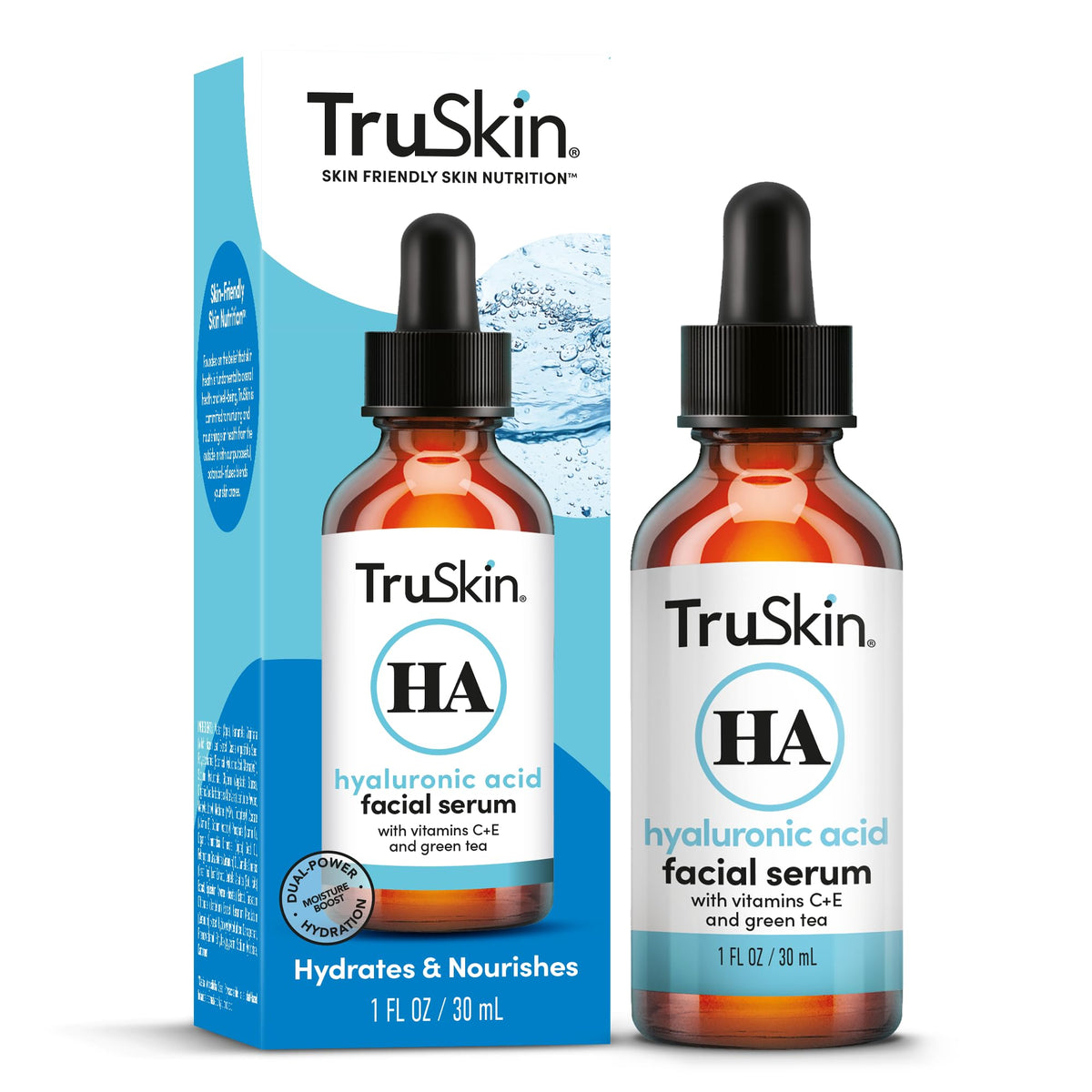 TruSkin bottle styled on a bathroom shelf to suggest everyday use and clean skincare aesthetic