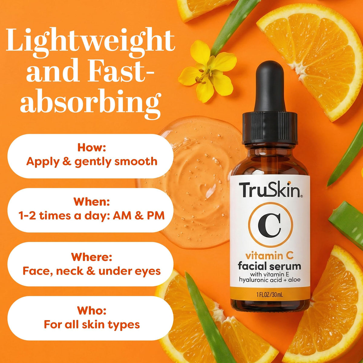 Close-up of TruSkin Naturals serum texture droplet illustrating lightweight hydration