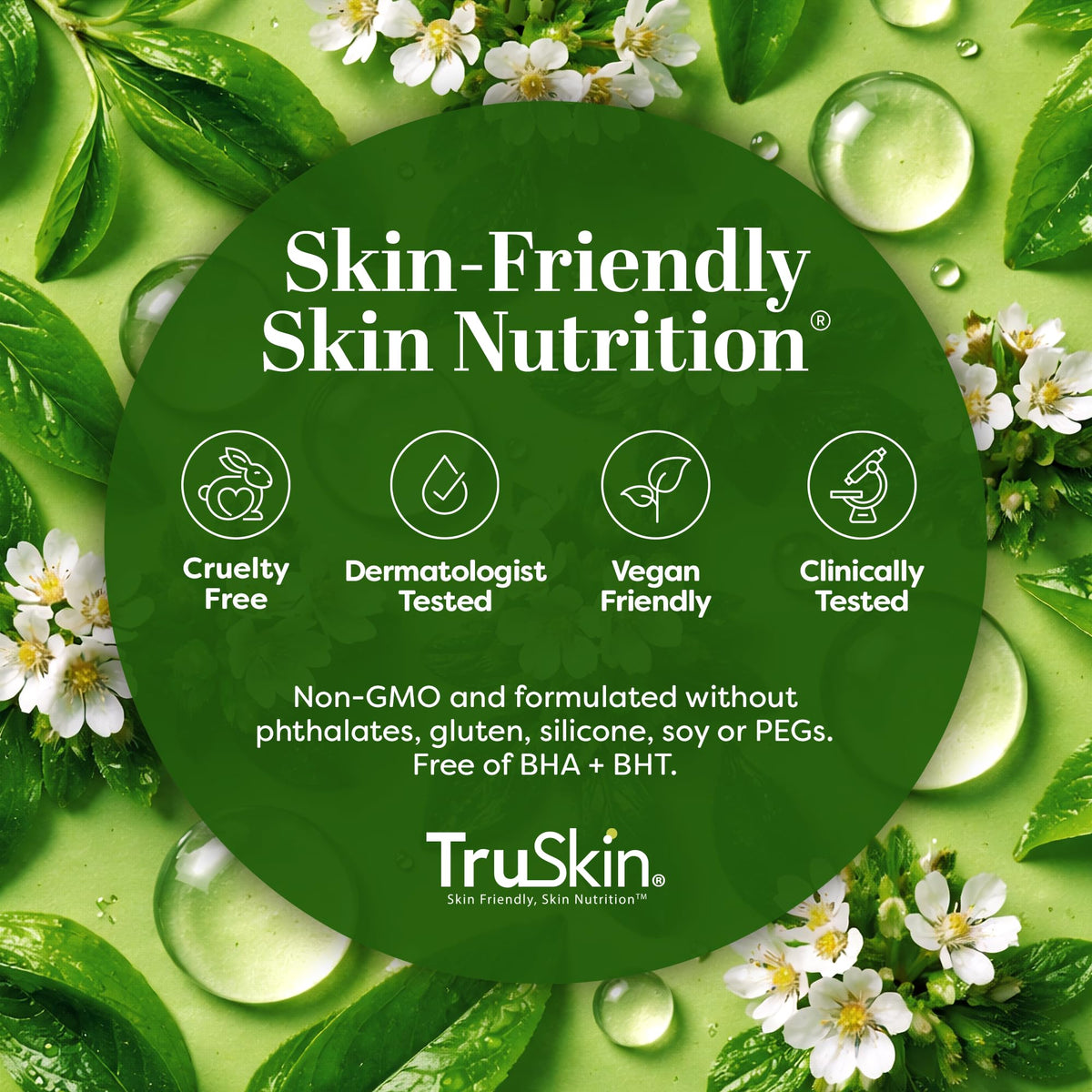 TruSkin product with botanicals flatlay emphasizing natural brightening ingredients