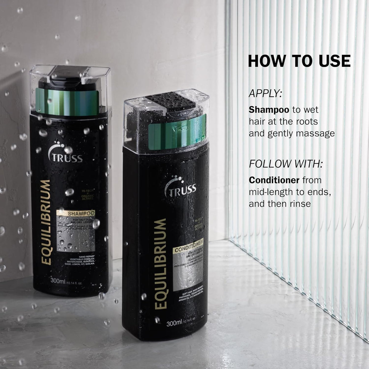 TRUSS Equilibrium with keratin and argan oil ingredients illustrating strengthening benefit