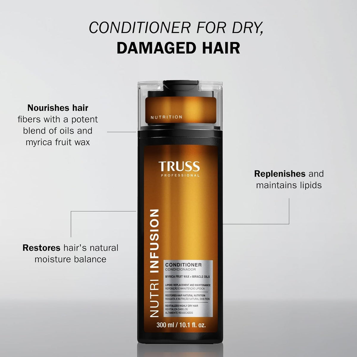 TRUSS conditioner pump close-up highlighting easy dispensing and hygienic application benefit