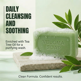 Tryskintle Veloma ingredients label showing tea tree and eucalyptus benefits