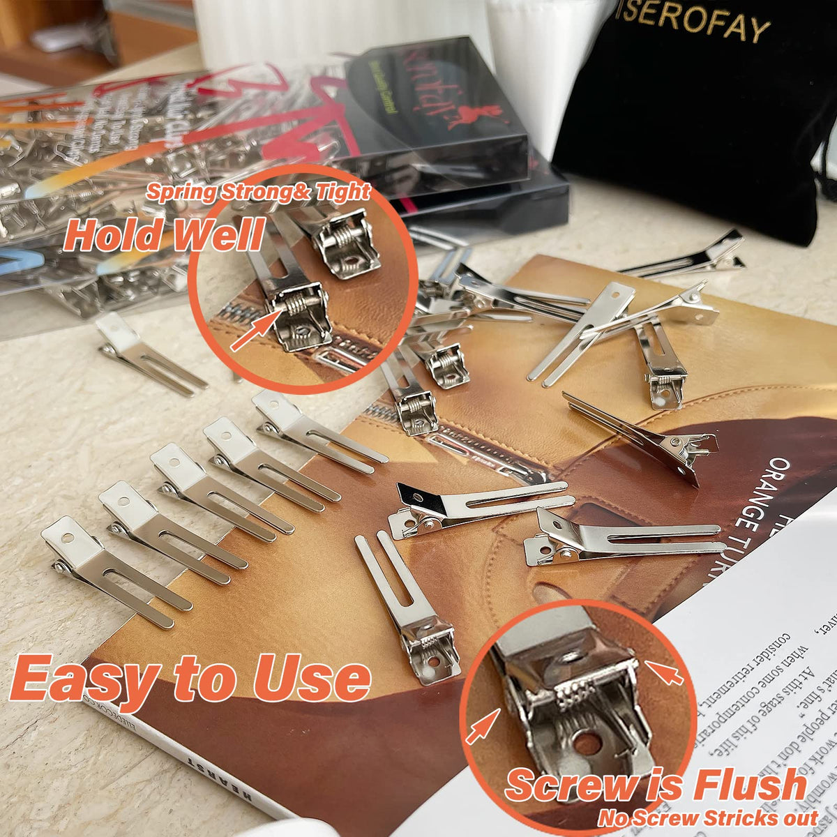 TSEROFAY close-up of double-prong clip spring and smooth edge, prevents hair snagging