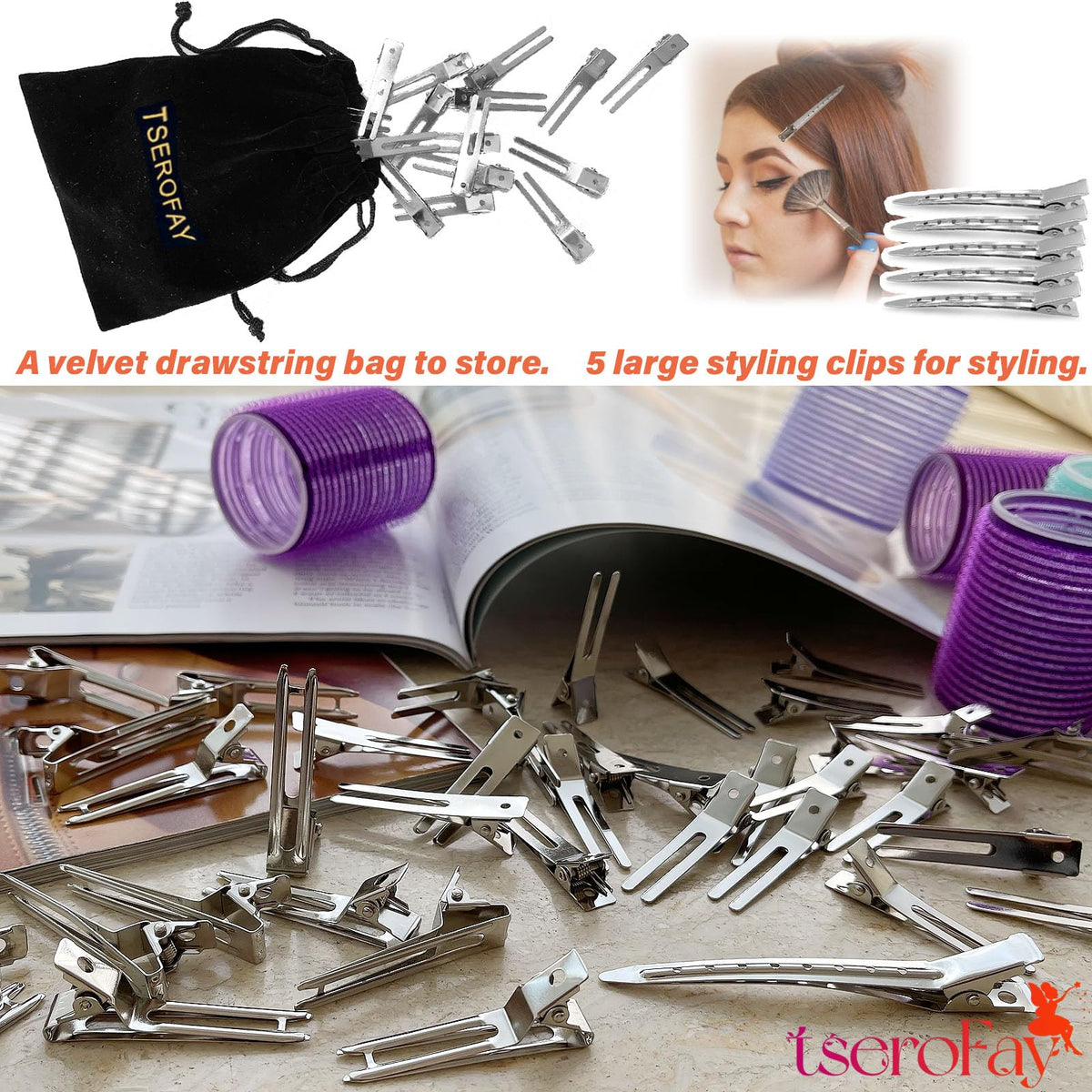 TSEROFAY clips arranged on a bathroom counter during styling, ready for quick use