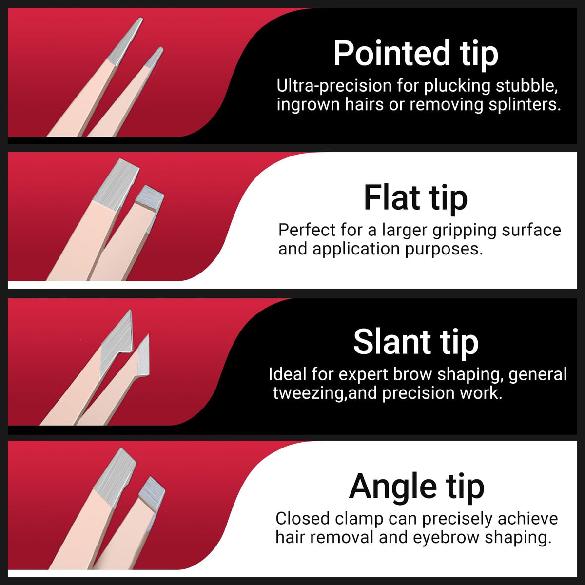 TsMADDTs angled tweezer gripping eyebrow hair for controlled shaping benefit
