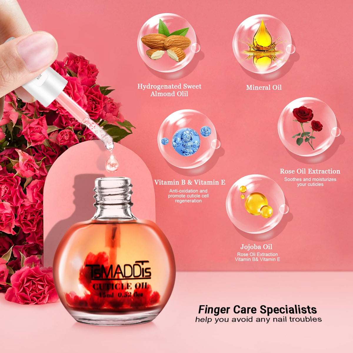 TsMADDTs 15ml rose cuticle oil bottle close-up moisturizing cuticles quickly
