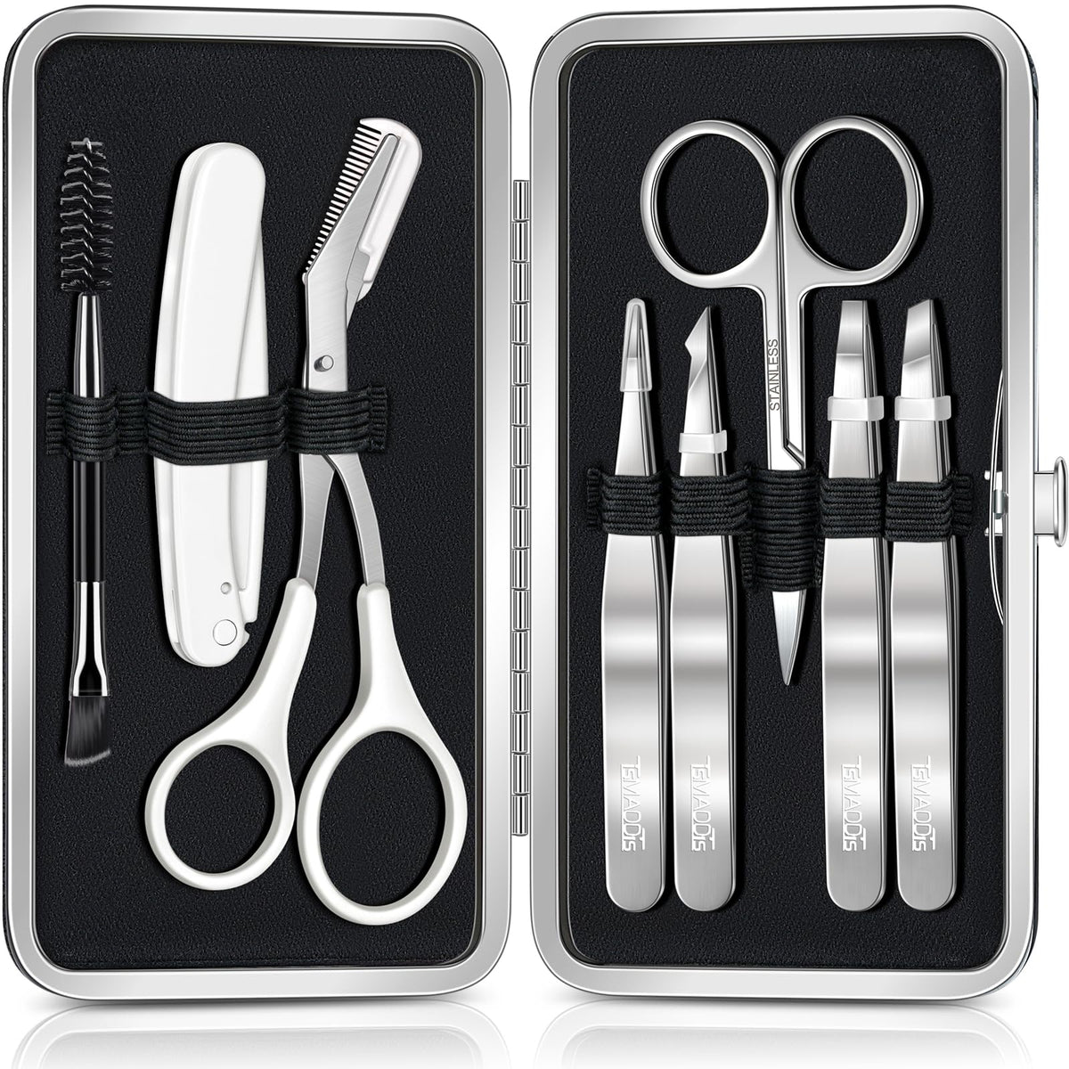 TsMADDTs compact case holding complete eyebrow kit for organized travel
