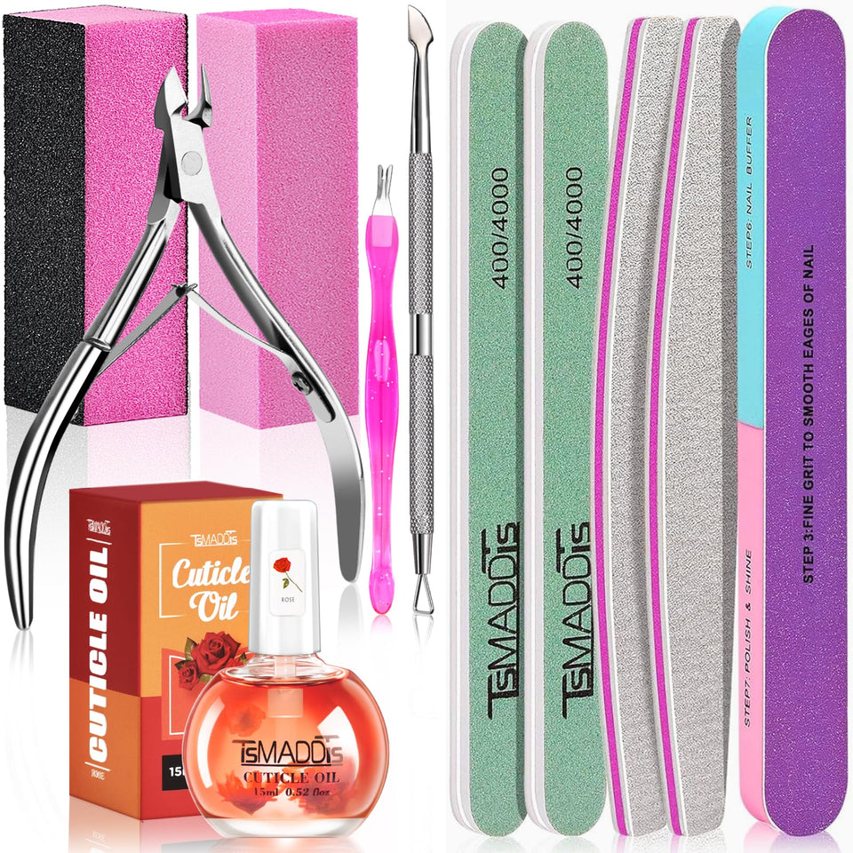 TsMADDTs front packaging of full manicure kit showing all included tools and oil