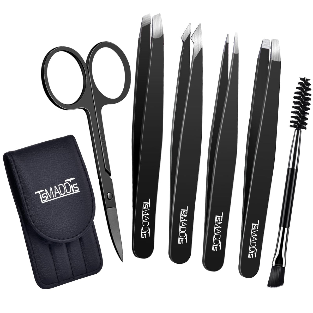 TsMADDTs front packaging showing the full 6-piece tweezers kit and case for quick selection