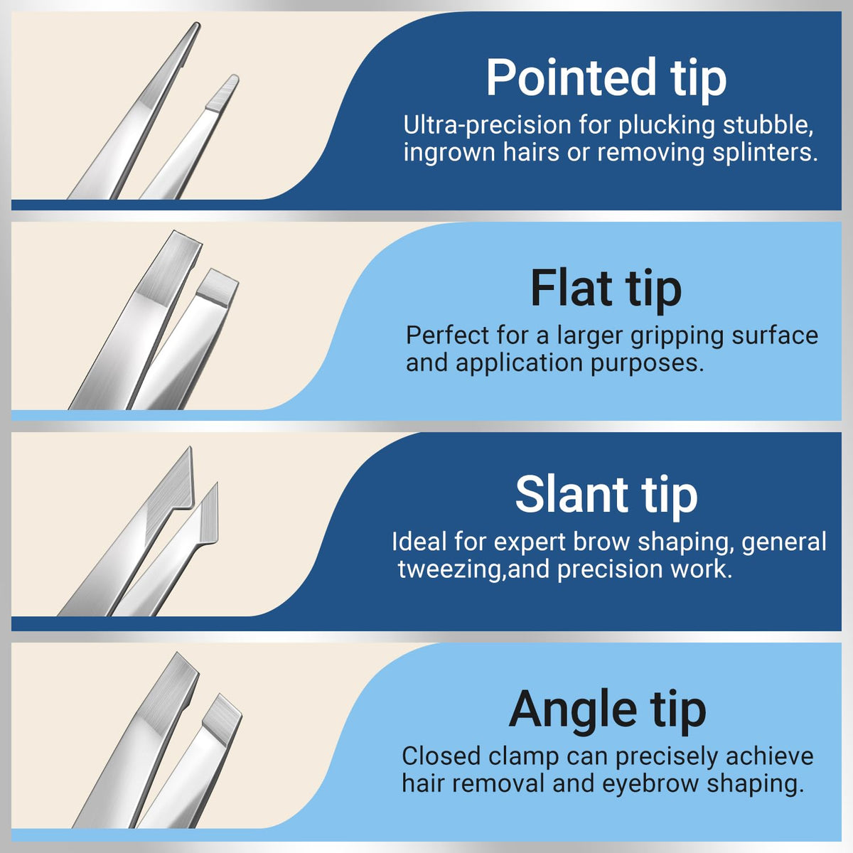TsMADDTs slant and angled tweezers aligned for accurate brow shaping