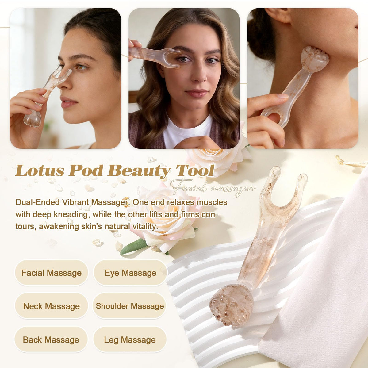 TsunNee lotus pod beauty wand closeup showing facial massage benefit for tension relief
