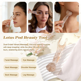 TsunNee lotus pod beauty wand closeup showing facial massage benefit for tension relief