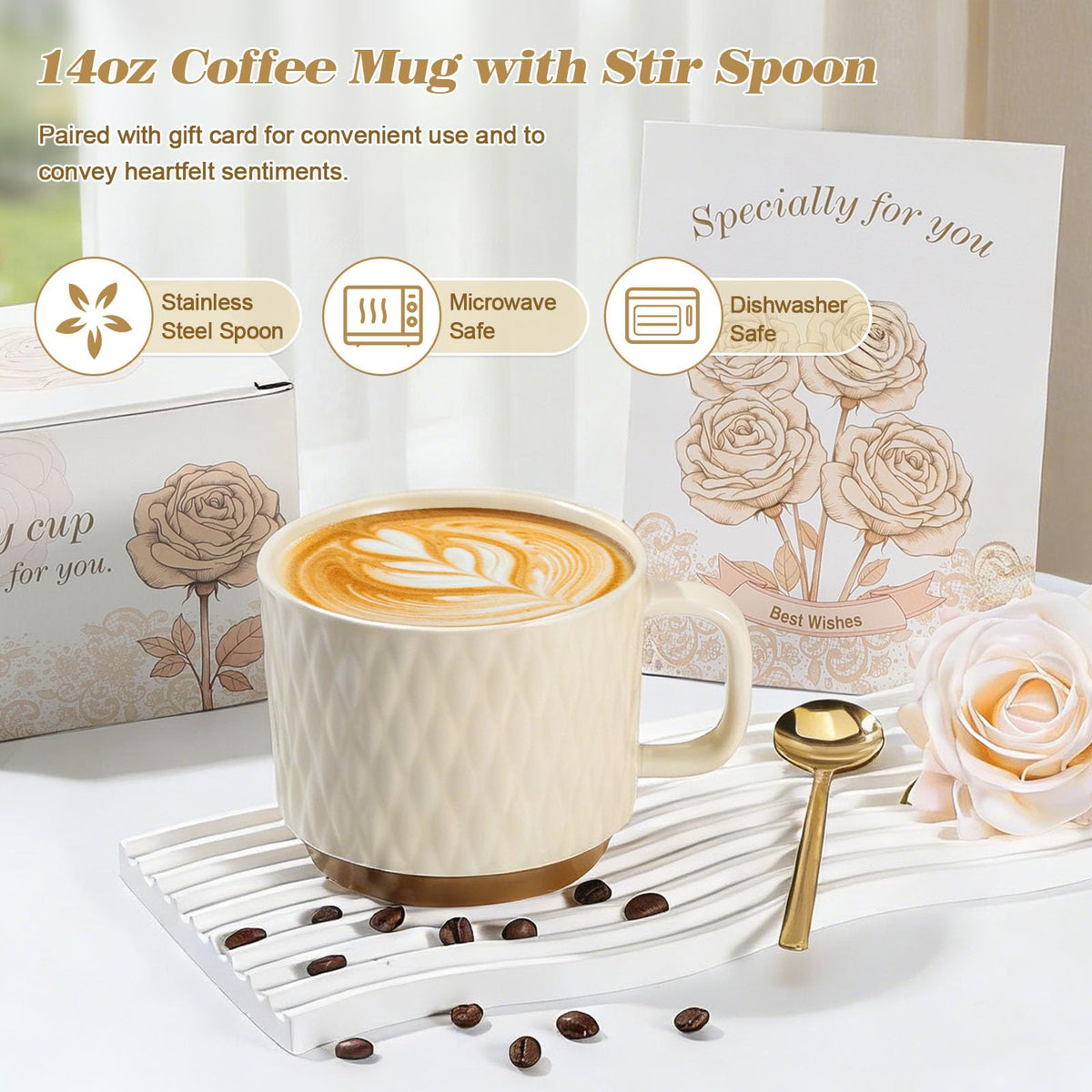 TsunNee 14oz mug with stirring spoon styled for enjoying warm drinks and comforting sips