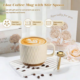 TsunNee 14oz mug with stirring spoon styled for enjoying warm drinks and comforting sips