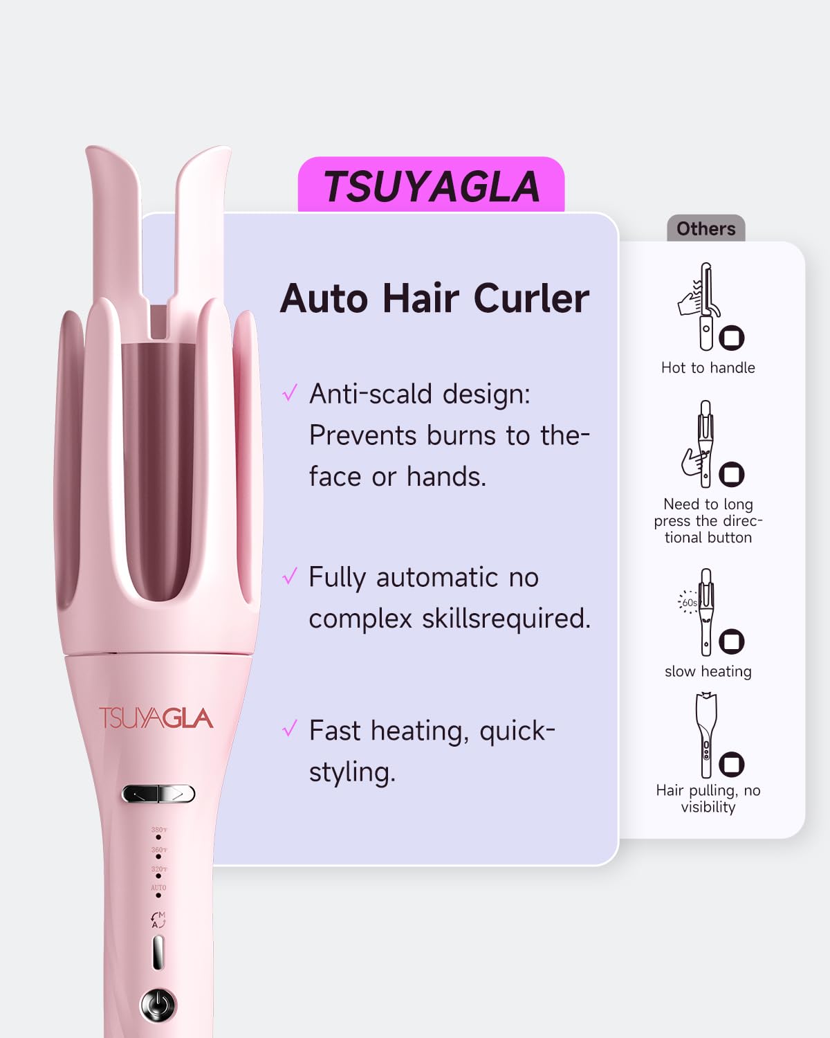 TSUYAGLA anti-scald tip and safety features showing instant-stop rotation for user protection