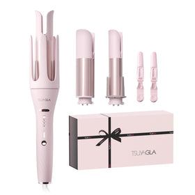 TSUYAGLA front view of automatic curling iron showing sleek pink styling and fast curl benefit