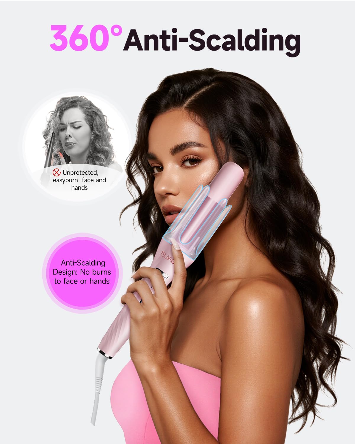 TSUYAGLA curling iron in use on medium-length hair creating defined curls quickly