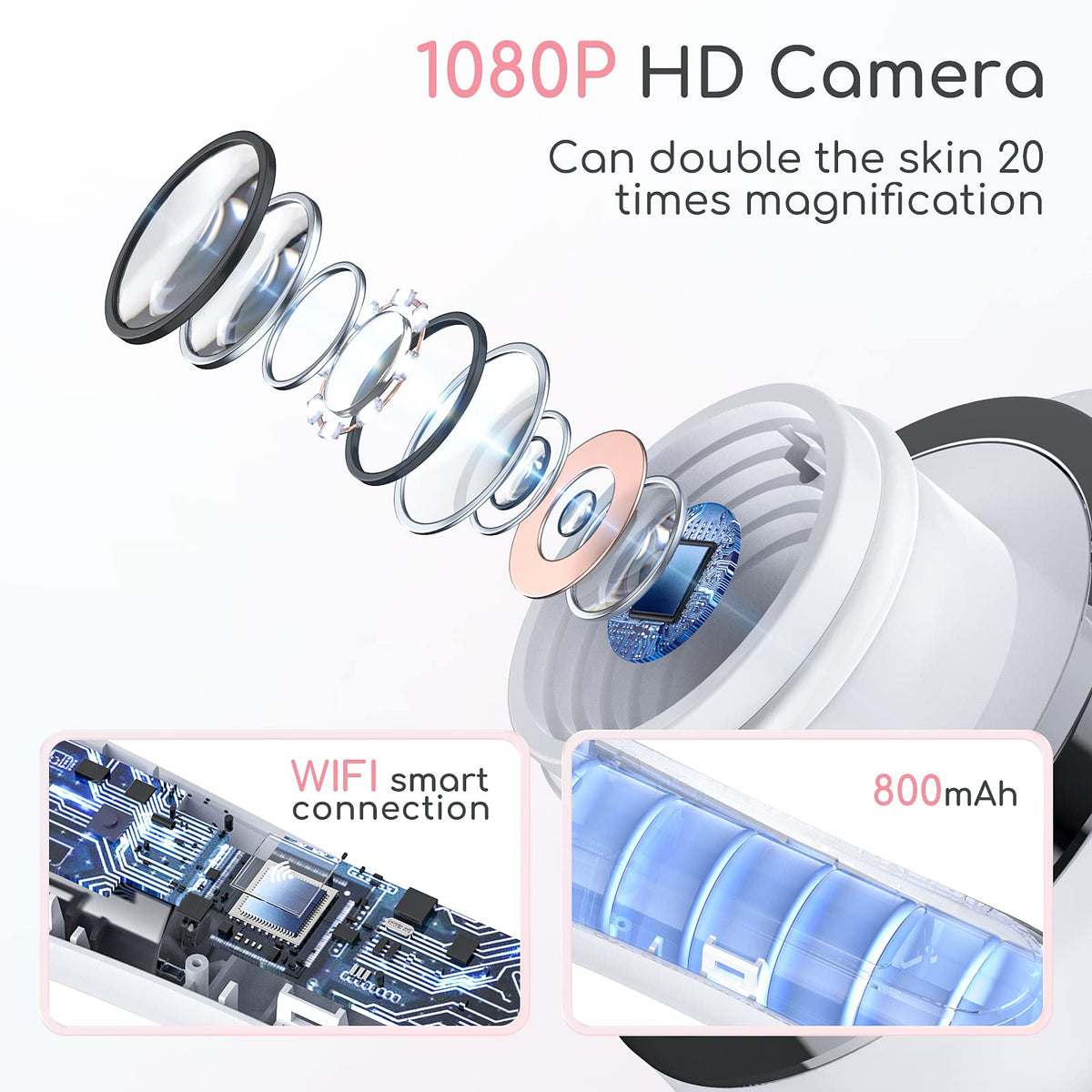 TTozka close-up of 1080P camera and LED lights improving pore visibility