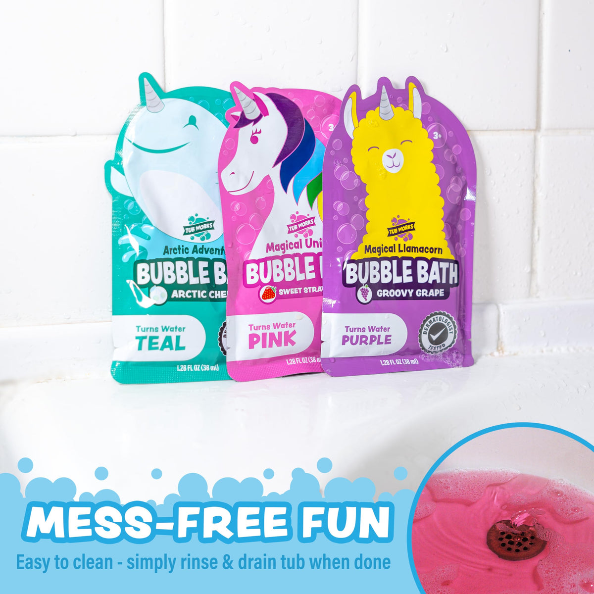 Tub Works child smiling in bathtub surrounded by bubbles showing engaging, safe bathtime